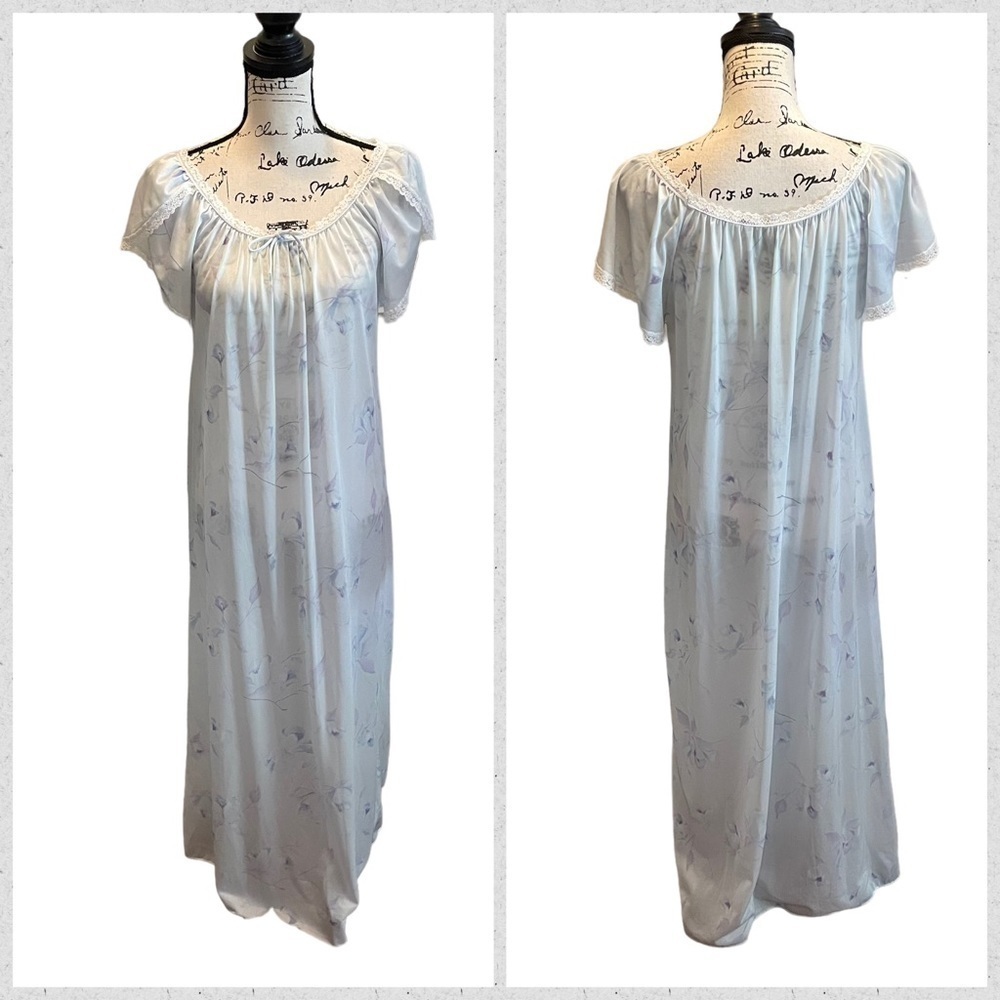 Vintage Miss Dira New York Sheer Nightgown Blue Floral Medium Lace trim Sleep - Picture 8 of 8